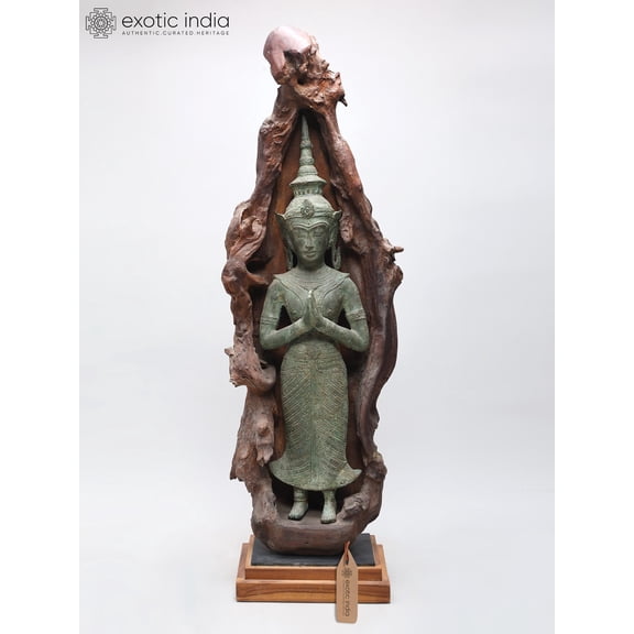 39" Graceful Standing Namaskar Buddha in Wood Grotto