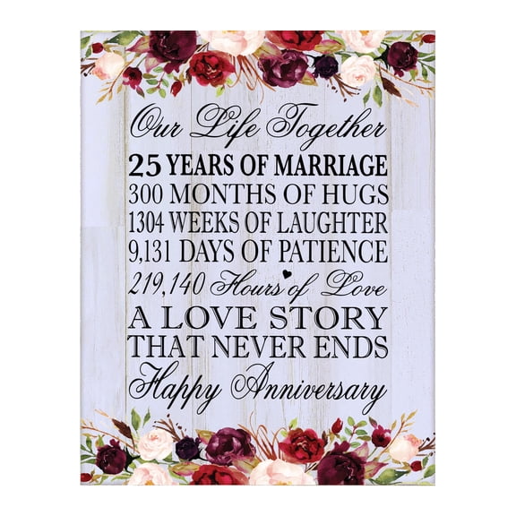 LifeSong Milestones 12x15 25th Anniversary Wall Plaque 25 Years of Marriage Floral Border (White Distressed)