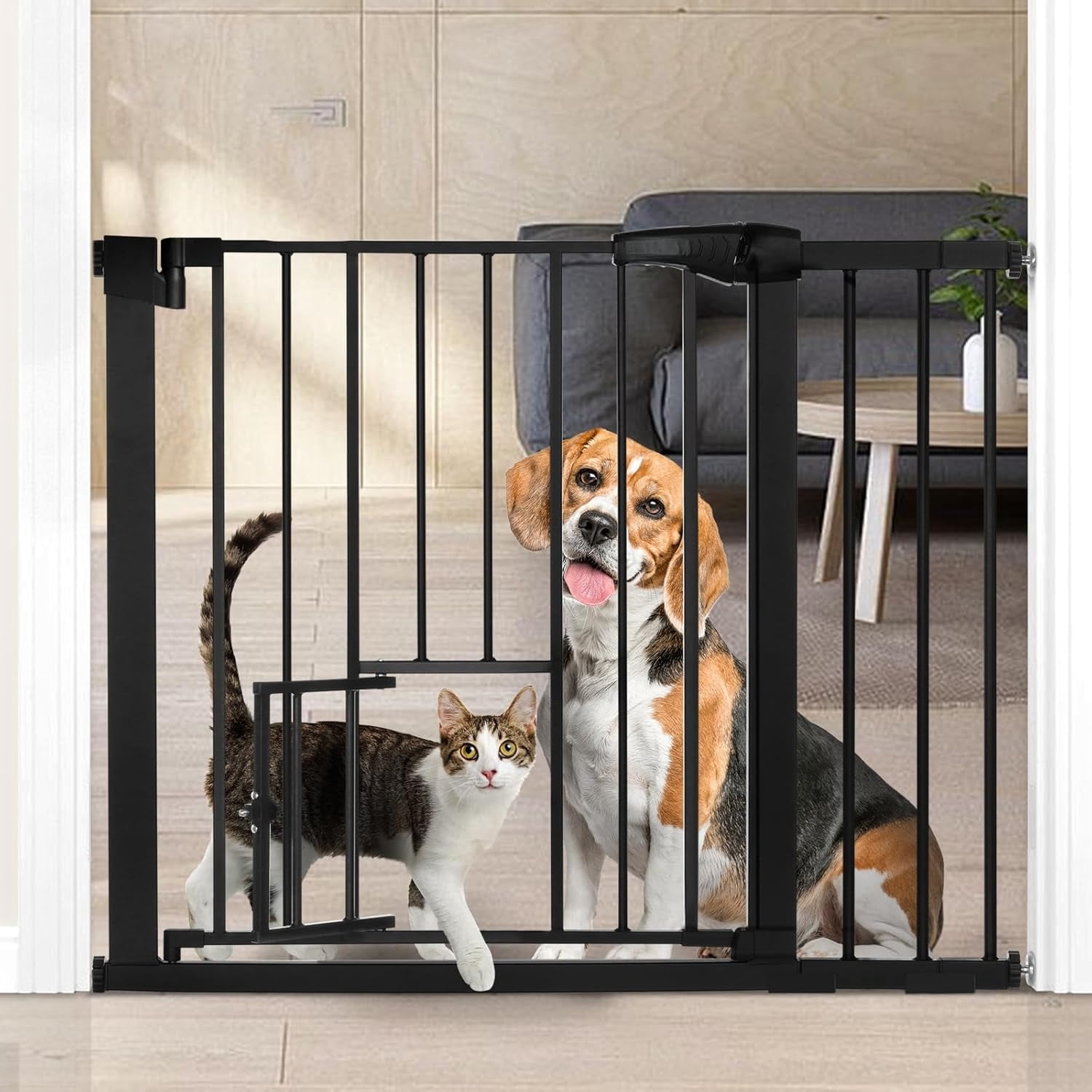 Auto Close pet Gate with Cat Door, 29.5"-40.5" Extra Wide Dog Gate for House Doorways Stairs, Pressure Mounted Easy Walk Thru Pet Gate, Includes 4 Wall Cups and 2 Extension Pieces, Black
