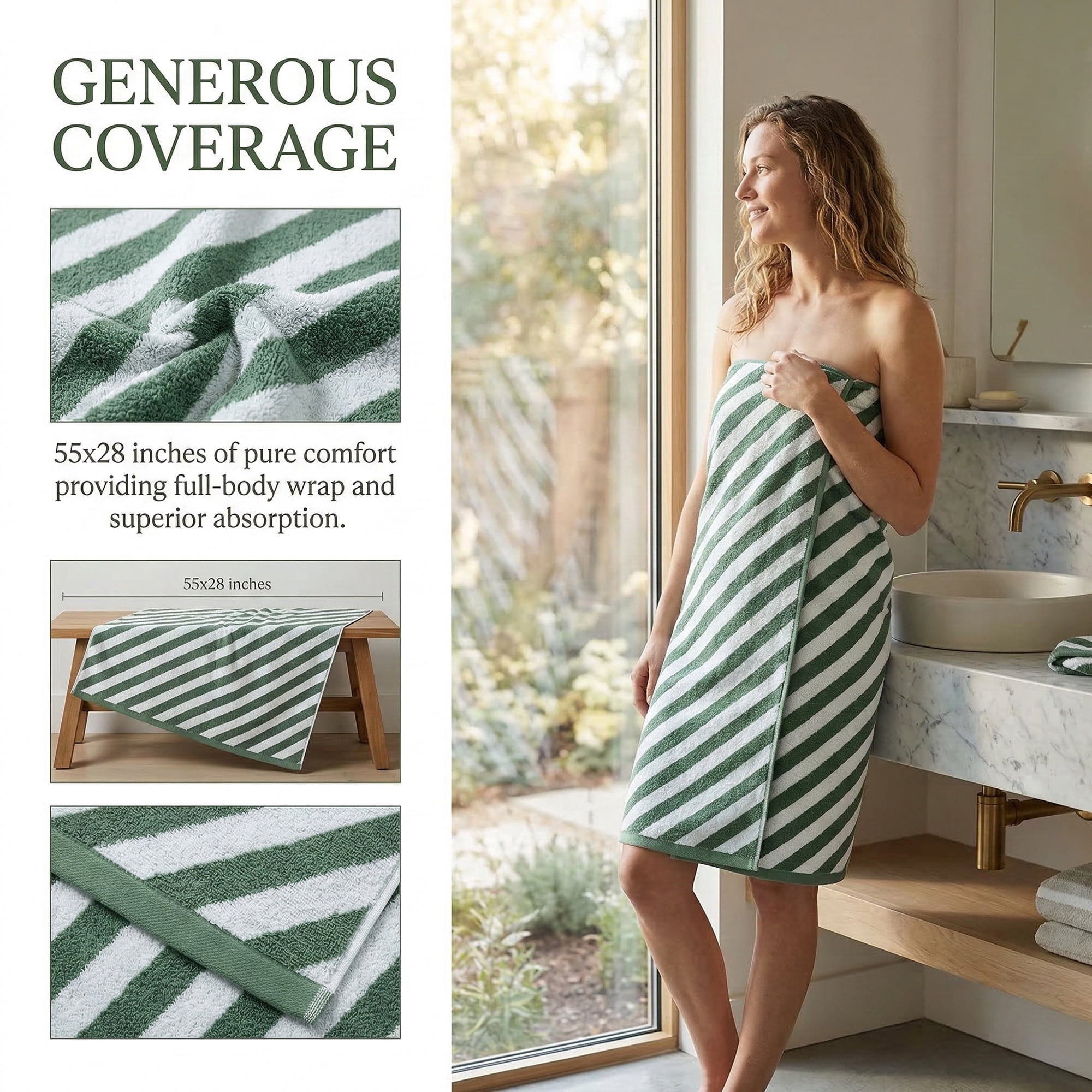 Unique Bargains Striped Absorbent Quick Dry Pure Cotton Bath Towel Green 55" x 28"