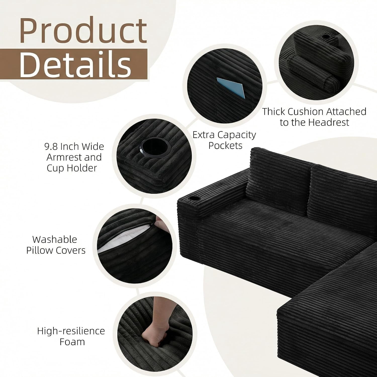 104" Cloud Modular Sectional Sofa, Corduroy Boneless L-Shape Chaise Couch with Deep Seat for Living Room Bedroom, No Assembly Required