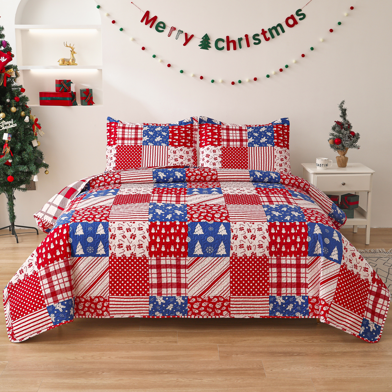 Smuge Christmas Quilt Sets Queen Full Size Snowman Christmas Tree Bedding Sets Bedspread Lightweight Coverlet with 2 Pillow Shams, Red Plaid Stripe