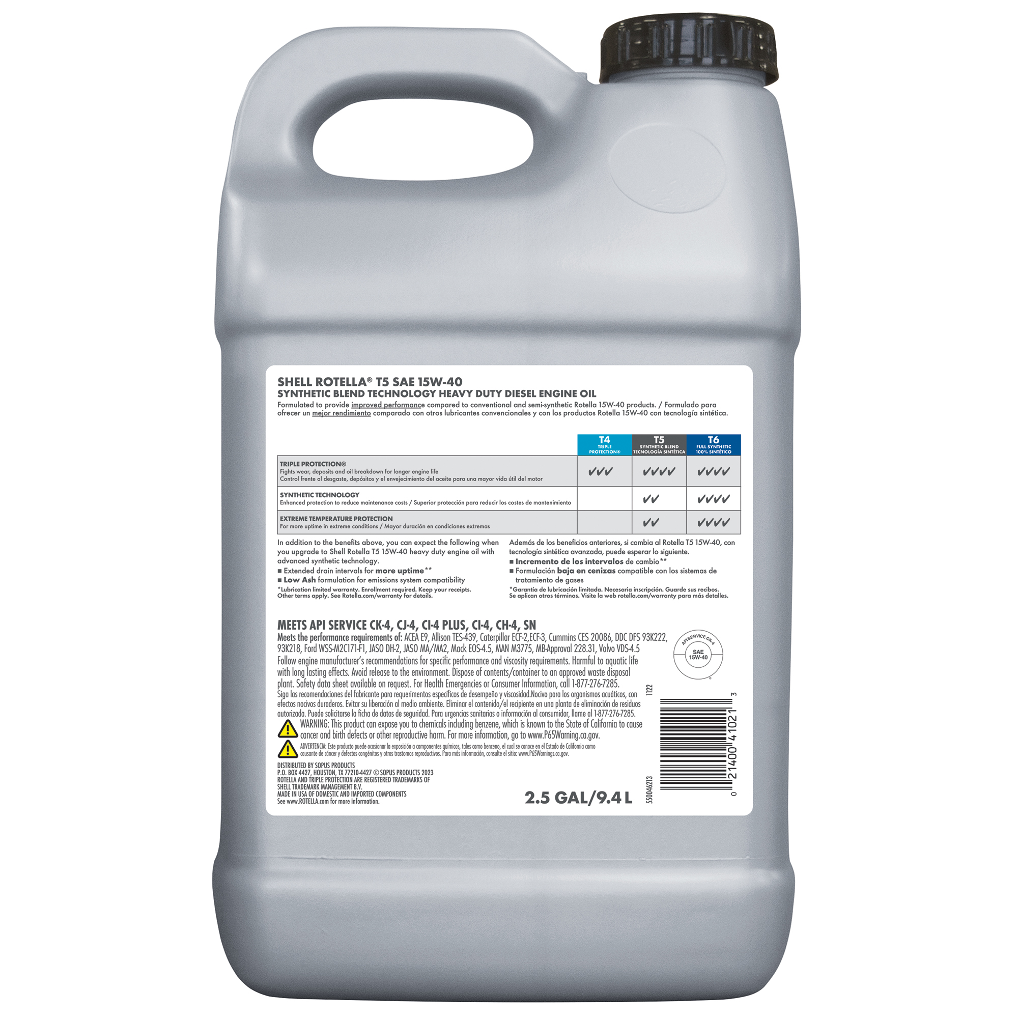 Shell Rotella T5 Synthetic Blend 15W-40 Diesel Engine Oil, 2.5 Gallon - image 2 of 9