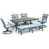 Hanover Traditions 6-Piece Dining Set in Blue with 4 Swivel Rockers, a Cushioned Bench, and a 38" x 72" Cast-Top Table