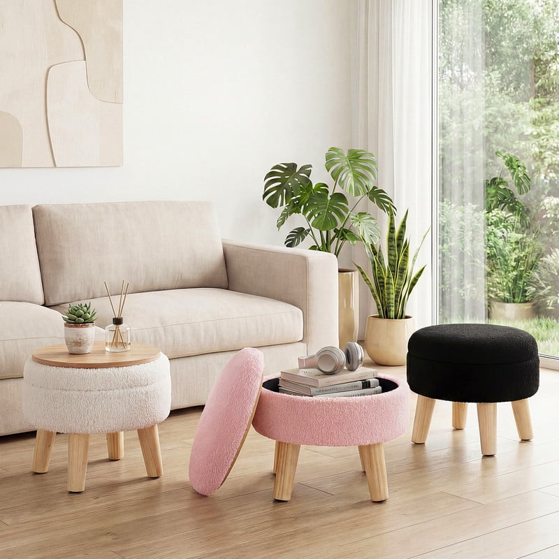 Gianna Round Ottoman with Storage, Boucle Footstool with Hidden Storage