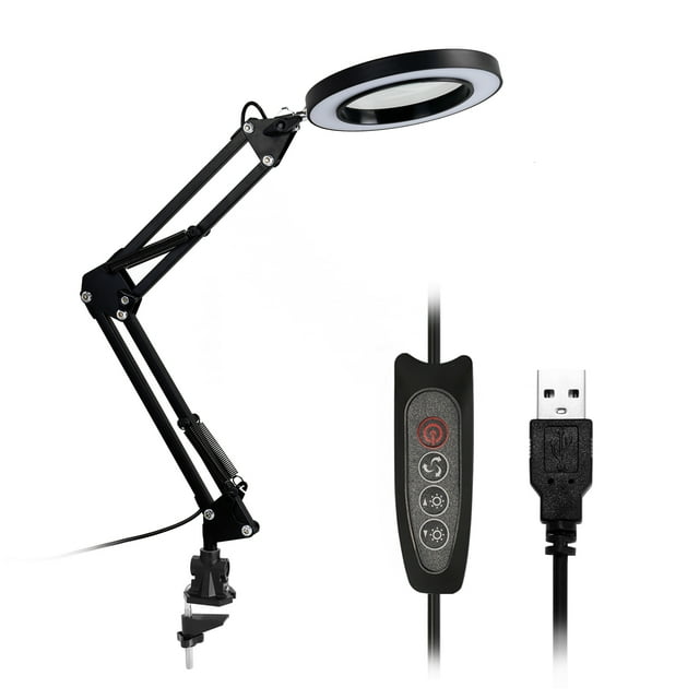 Lámpara de lectura con lupa LED, ajustable de 10 niveles y 3 tonos, ampliación 5X, base plegable y pinza, alimentación USB, color negro, ideal para uso prolongado.