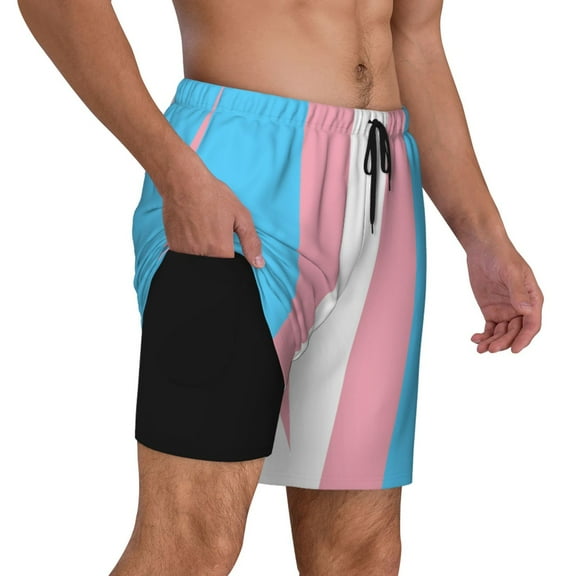 Mens Transgender Pride Flag Swim Trunks with Compression Liner 2 in 1 Quick Dry Beach Shorts
