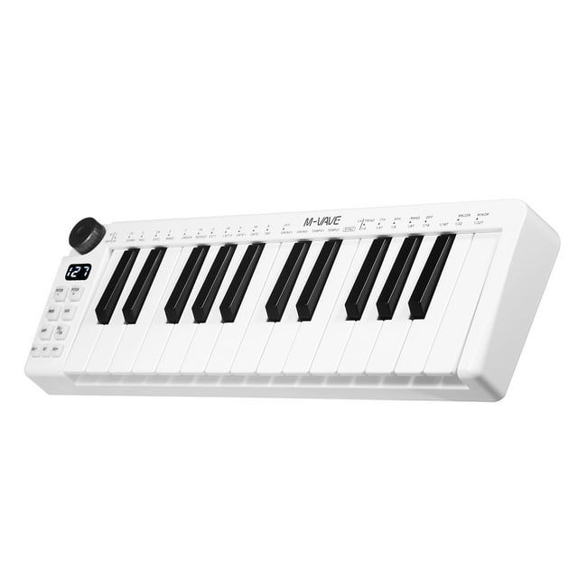 M-VAVE SMK-25mini MIDI Keyboard Rechargeable 25- MIDI Control Keyboard Portable USB Keyboard MIDI Controller with 25 Velocity Sensitive Keys 1 Knob White