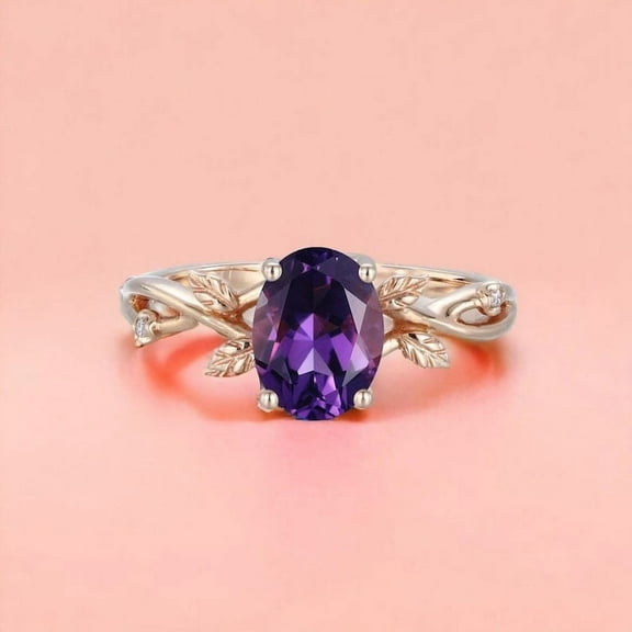 Vintage Oval Cut Amethyst Leaf Engagement Ring – Dainty Rose Gold Twist Branch Ring – Unique Purple Amethyst Promise or Wedding Ring