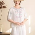 thumbnail image 5 of ClodeEU Women's Floral Embroidered Linen Blend Top,Casual Round Neck 3/4 Sleeve Blouse White,Women's Plus L, 5 of 6