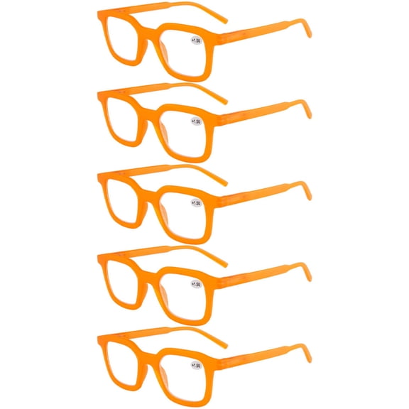 5 Pairs of Women Square Reading Glasses 1.50 Men Oversized Clear Orange Fashion Classic Spring Hinges Readers 1.50 Strength HD