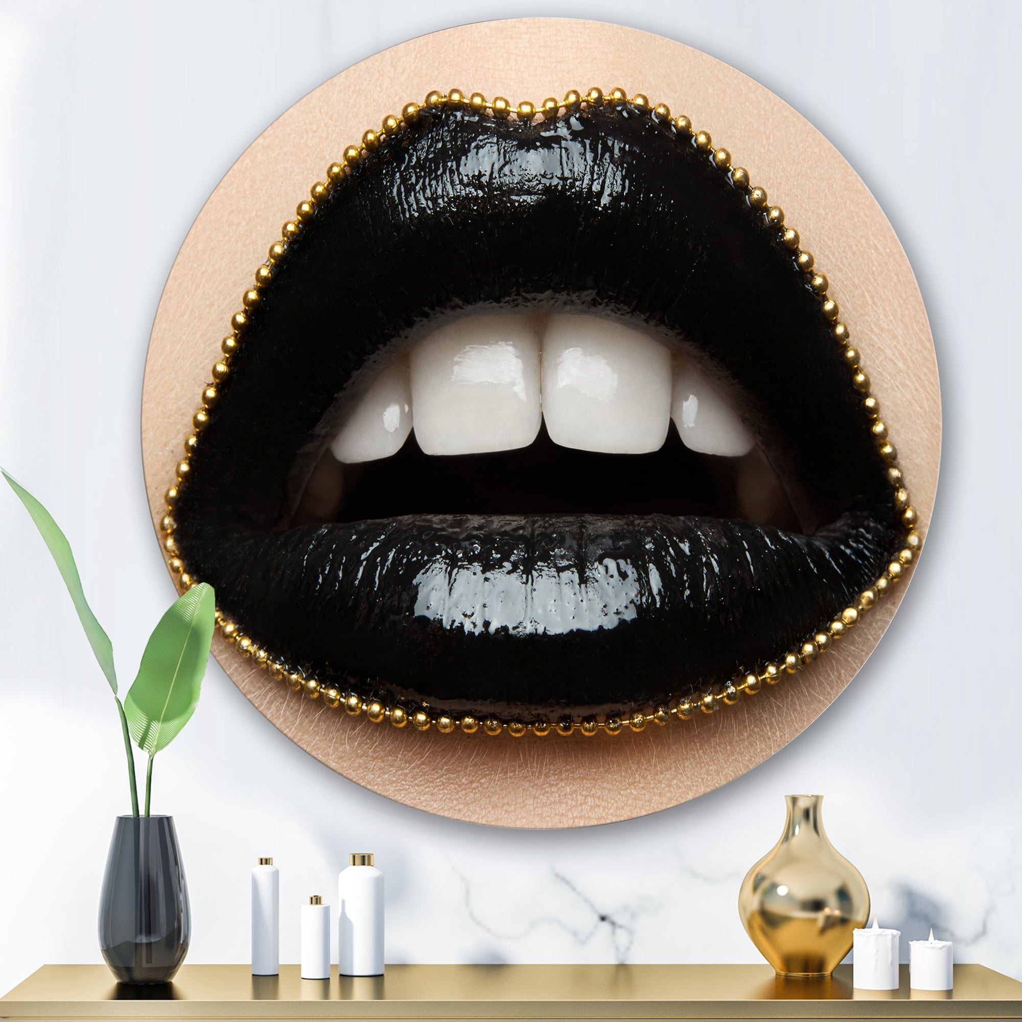 Designart 'Woman Lips With Black Lipstick & A Gold Chain' Modern Circle Metal Wall Art 36x36 - Disc of 36
