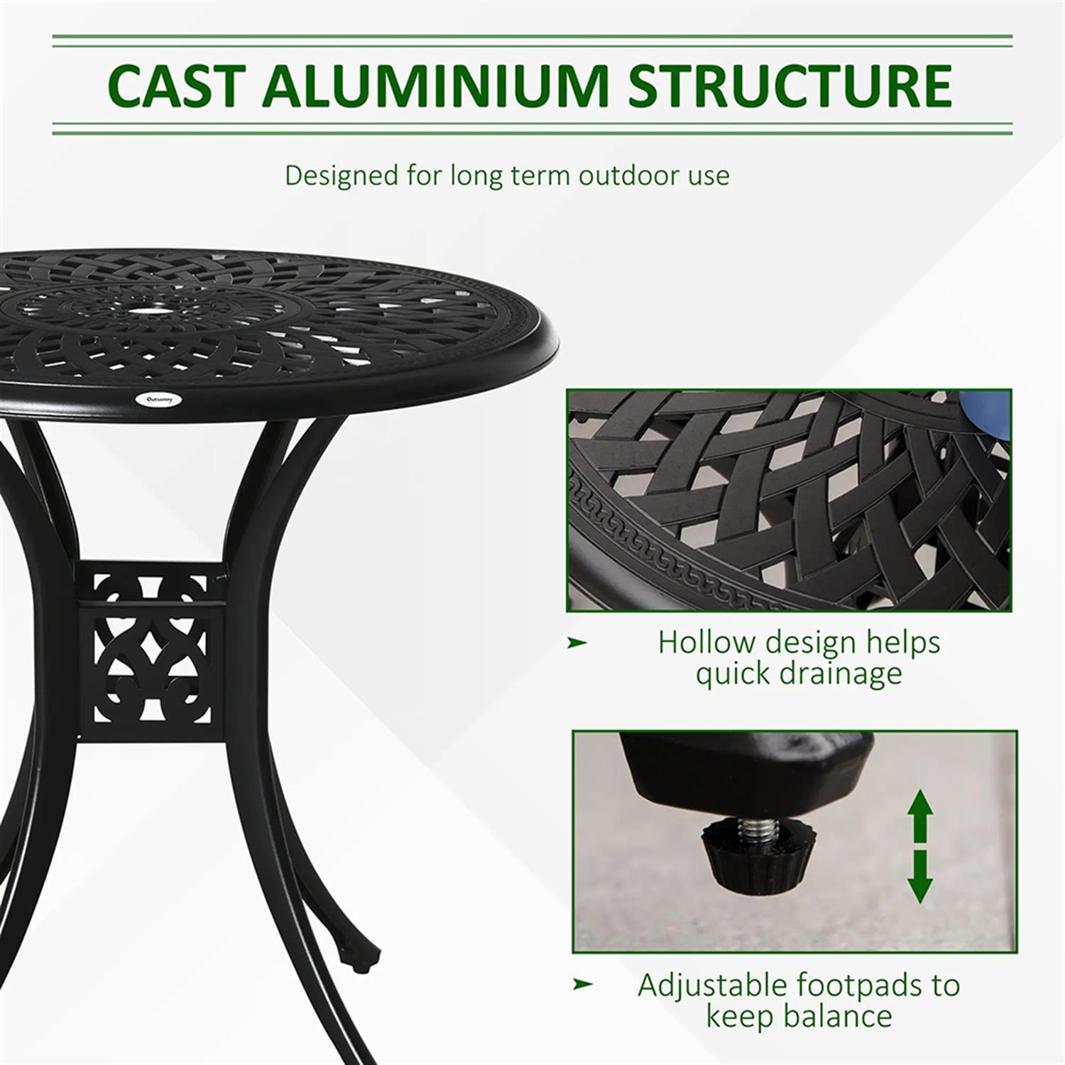 Demi Bonn 30" Outdoor Bistro Tables with Umbrella Hole, Antique Cast Aluminum Round Tempered Glass Metal Table for Backyard, Lawn, Balcony, Porch, Black