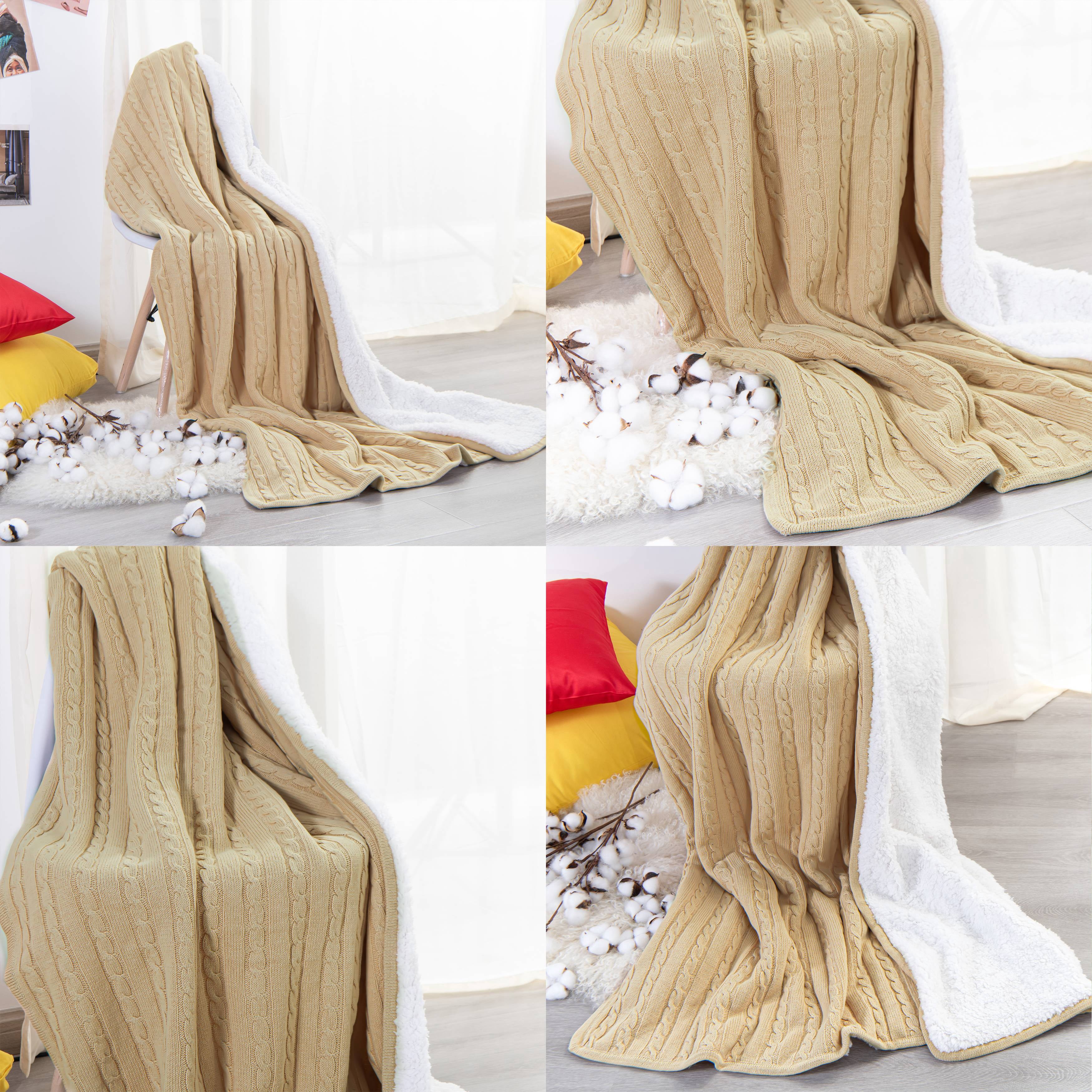 Ntbay Cotton Cable Knit Sherpa Throw Blanket for Couch, Soft Warm Fleece Knitted Throw for Bed, Sofa, Chair - Extra Cozy, Machine Washable, Comfortable Home Decor, 51"x67", Khaki