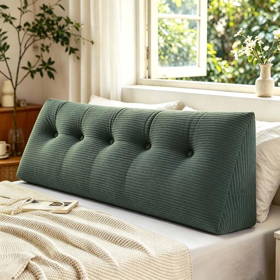 47×19in Wedge Headboard Pillow Twin for Bed with Corduroy Cover | Green Triangular Backrest Reading Pillow, Dorm Couch Tatami Bedroom, Back Waist Head Support, Removable Cover
