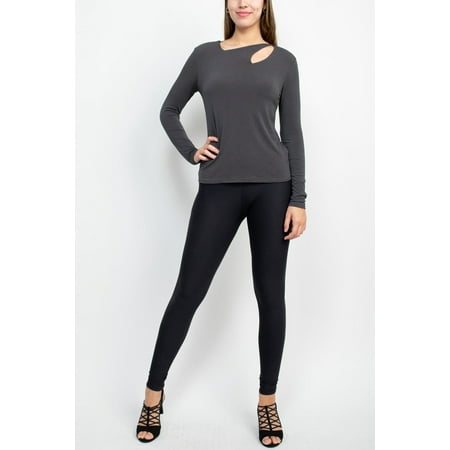 Catherine Malandrino Asymmetrical Cutout Neck Long Sleeve Solid Crepe Top-CARBON / S