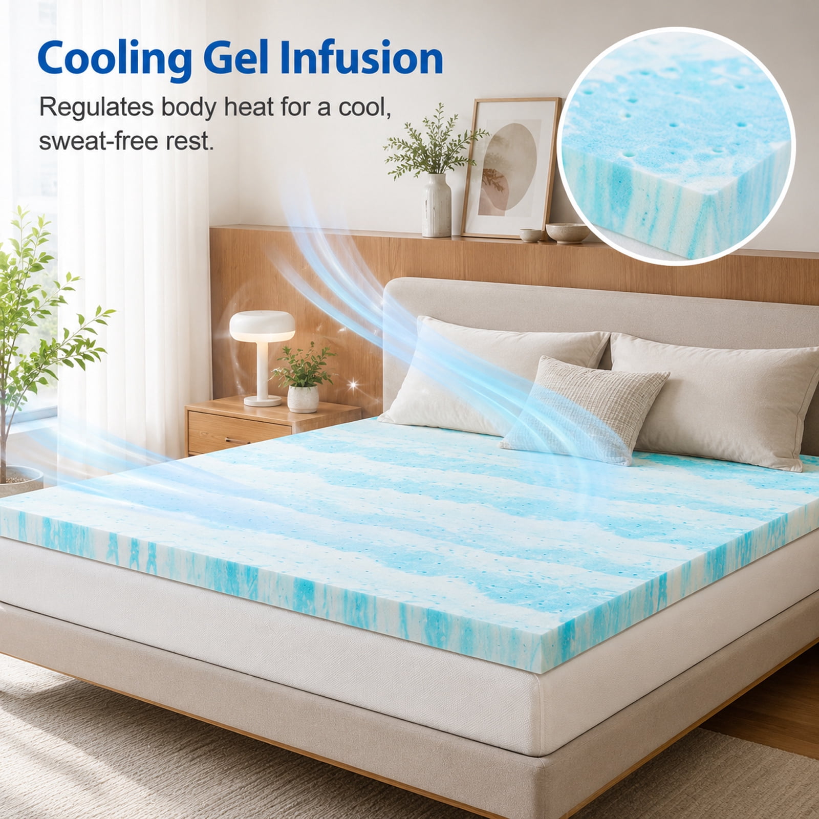 Alvantor 4" Cooling Gel Memory Foam Mattress Topper, Ventilation Holes, Pressure Relief & Breathable Comfort Bed Topper