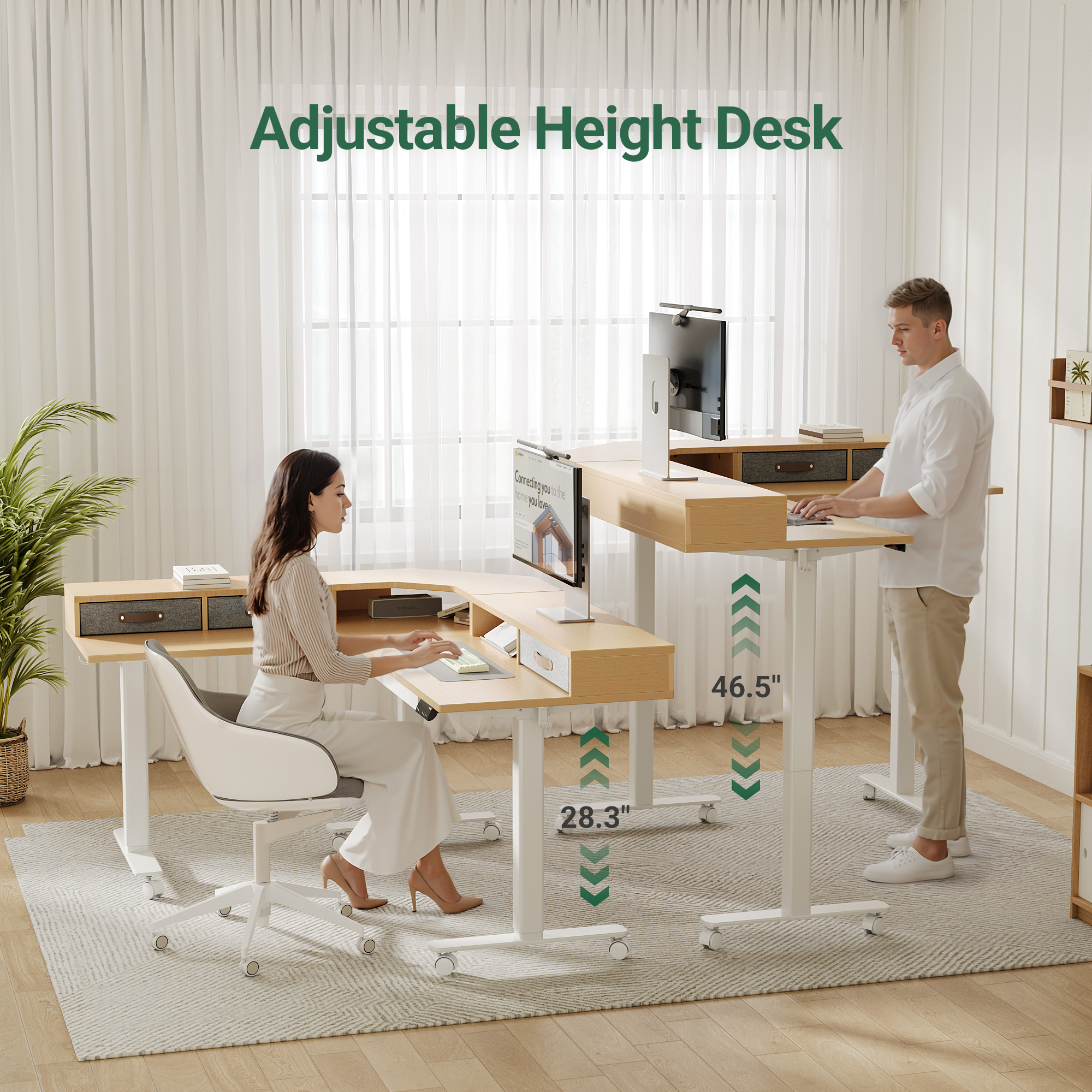 INNOVAR Dual Motor 63" L Shaped Standing Desk with 4 Drawers, Sit to Stand Study Desk Electric Height Adjustable Stand up Computer Desk with Monitor Stand & Splice Board, White Frame/Nature Top