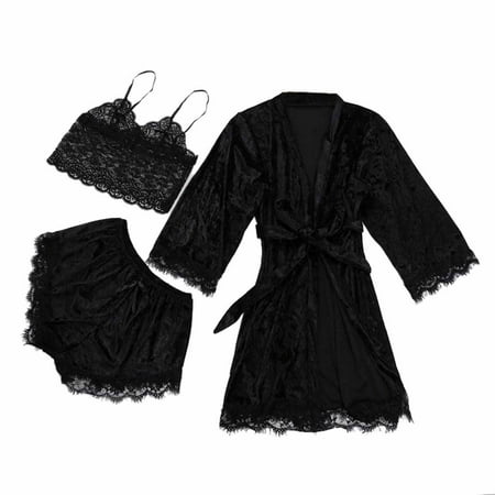 

BIZIZA Women Pajama Sets Lace Comfortable Shorts Robe Solid Color 3 Piece Long Sleeve V-Neck Cami Crop Top Black L