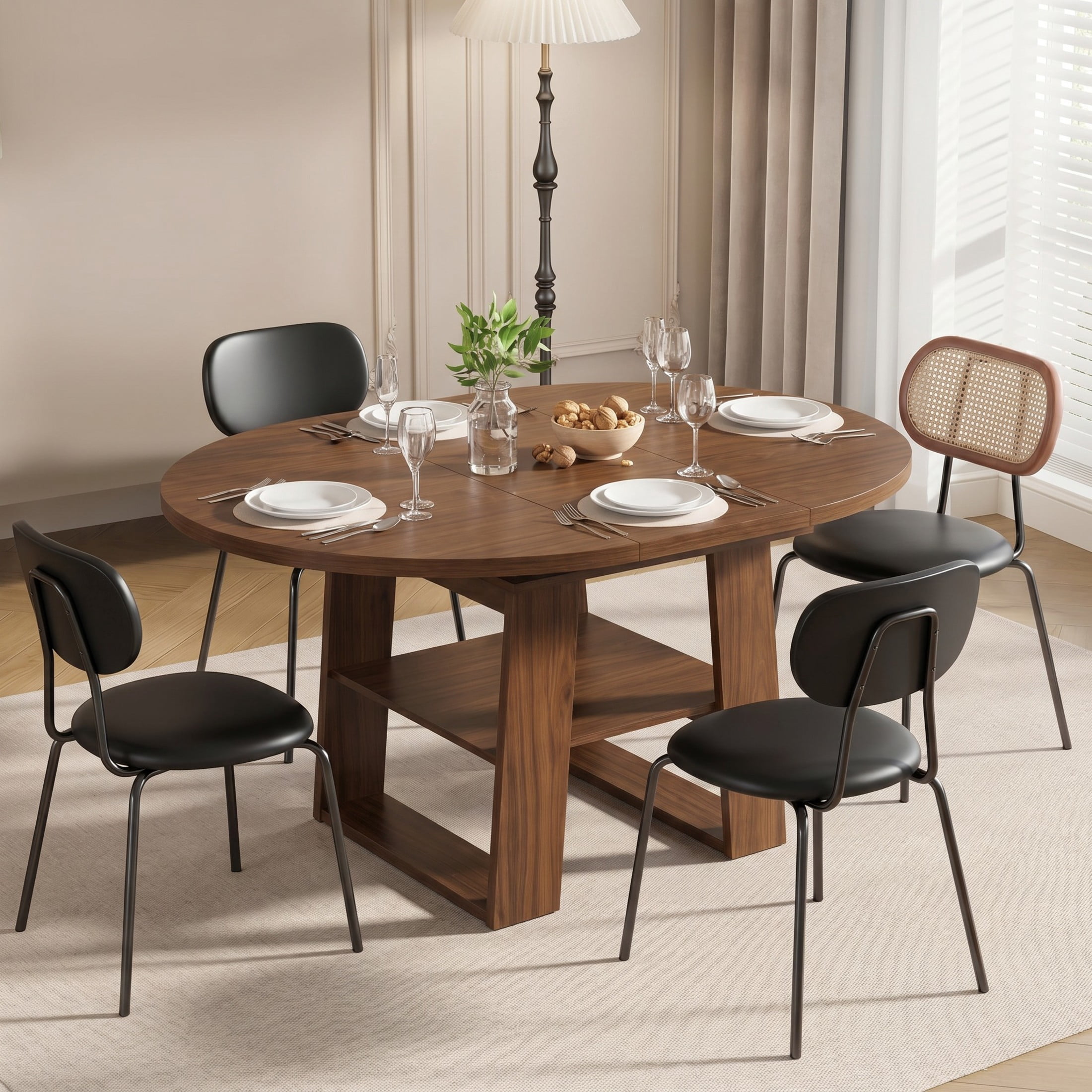 Noble House 43.3"-59.05" Extendable Round Dining Table, Oval Kitchen Table with Storage Shelf, Walnut
