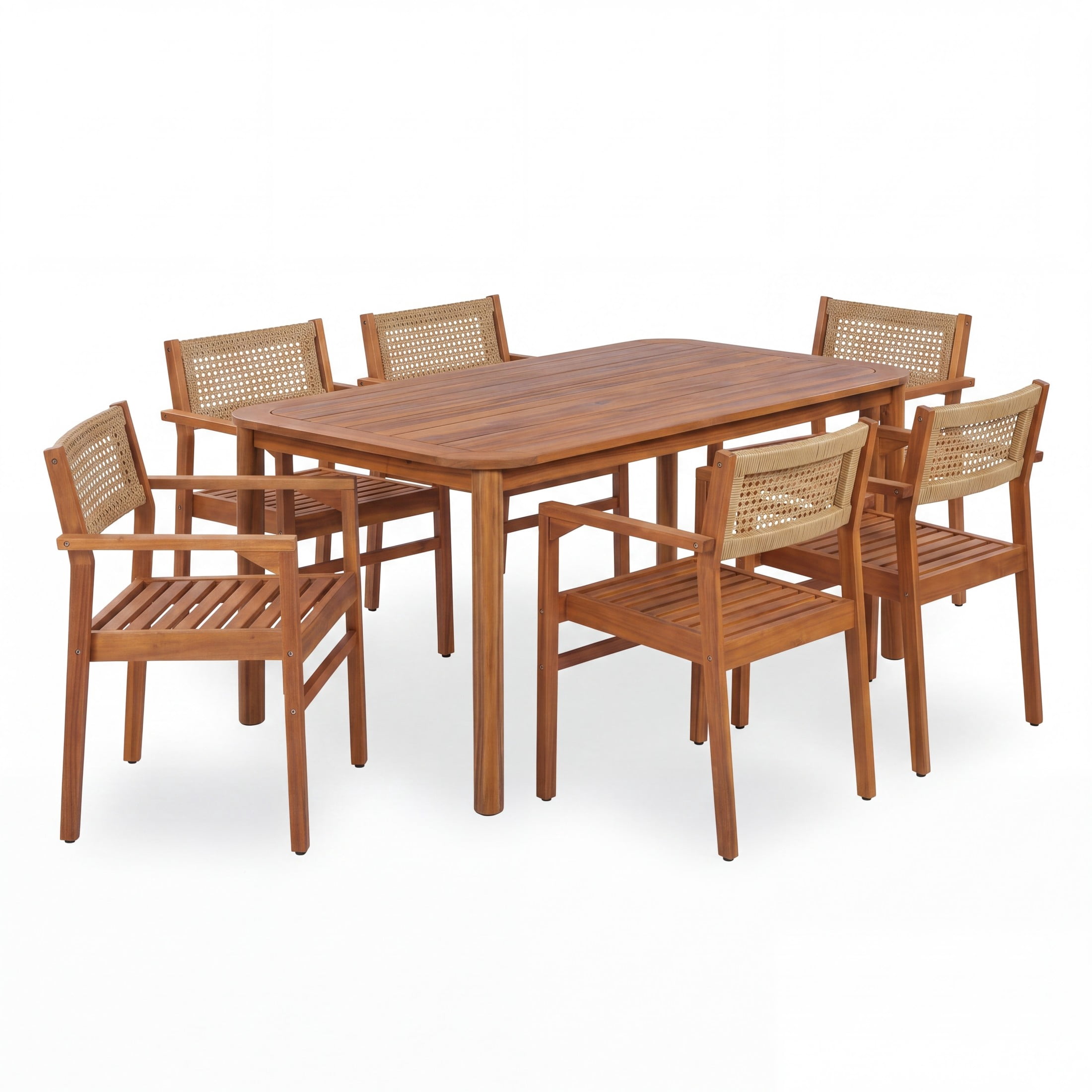 Christopher Knight Home 7-Piece Outdoor Dining Set, 66" Wood Table and Wicker Back Chairs, Teak