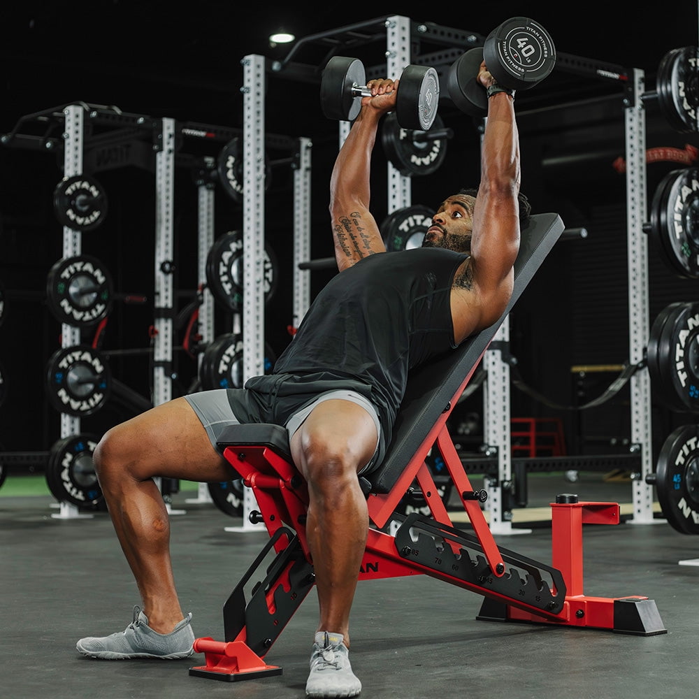 Titan Fitness TITAN Series Red Adjustable Bench, Supports 600 LB Incline, 1,000 LB Flat