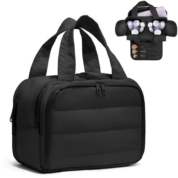 Soda Candy Travel Toiletry Bag Lightweight Large Wide Open Travel Bag for Women Puffy Cosmetic Makeup Bag Organizer with Handle for Accessories, Essentials, Toiletries, Black
