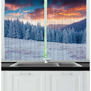 Ambesonne Nature Kitchen Curtains, Winter Snowy Forest Sky, 55"x39", Sky Blue Salmon