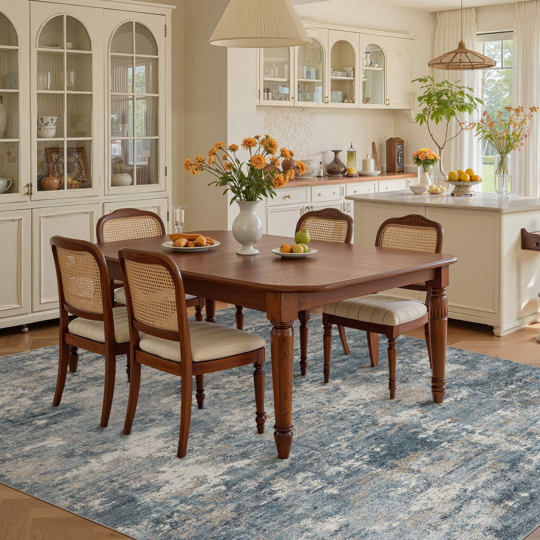 UERMEI 10'x14' Washable Area Rugs for Living Room, Modern Abstract Printed Carpet, Non Slip Indoor Rug for Bedroom Home Decor Carpets, Blue/Brown
