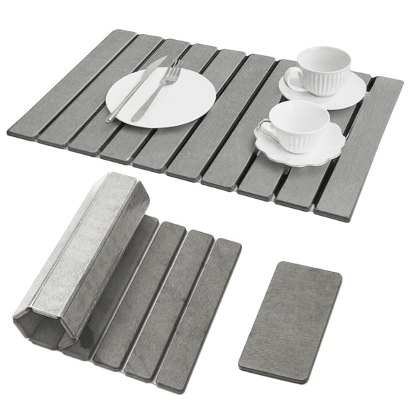 Large Stone Dish Drying Mat for Kitchen Counter,Natural Quick Dry Stone Dishes Mats,Foldable Water Absorbing Diatomaceous Earth Drying Organizer Pad for Kitchen Utensils(Light Gray 24"×16" & 8"x4")