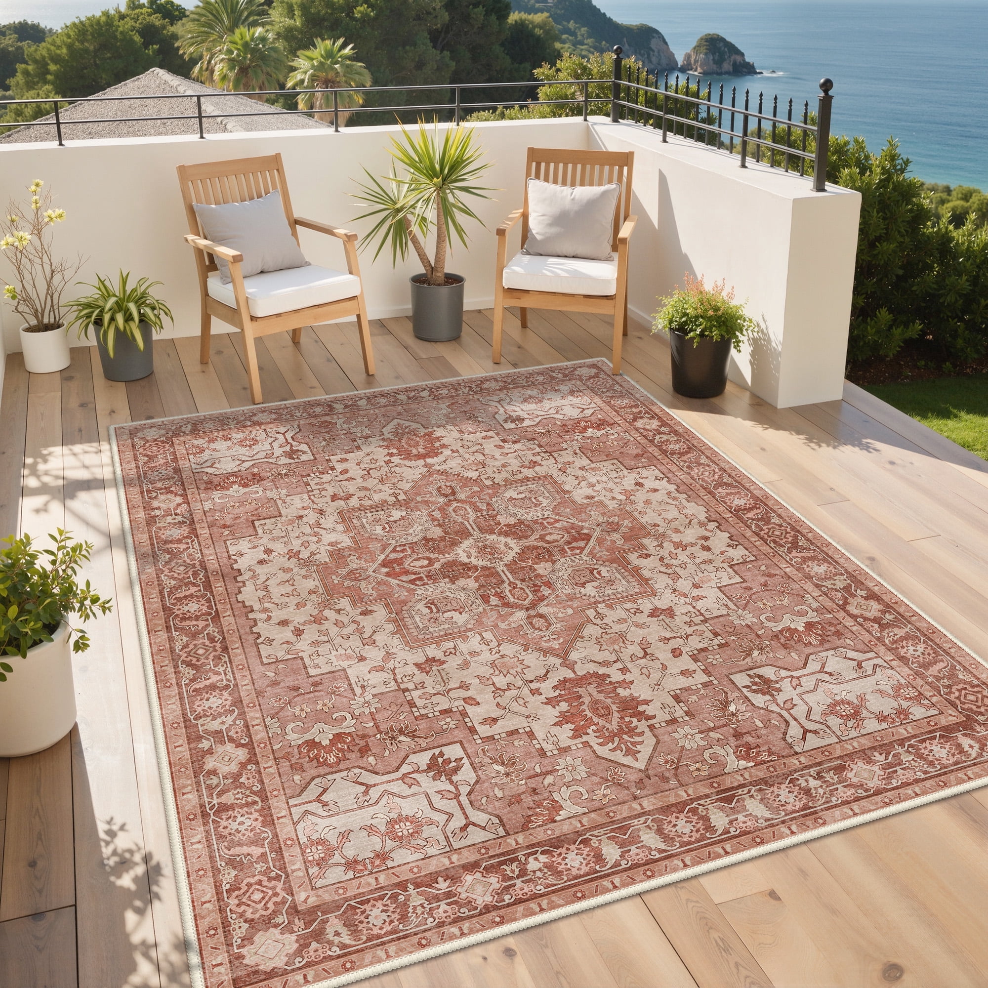 DEORAB Outdoor Rugs 5'X8' Chenille Patio Rug Three-Layer Material Imitation Silicone Spot Molding Camping Outside Rv Mat,Brown & Red