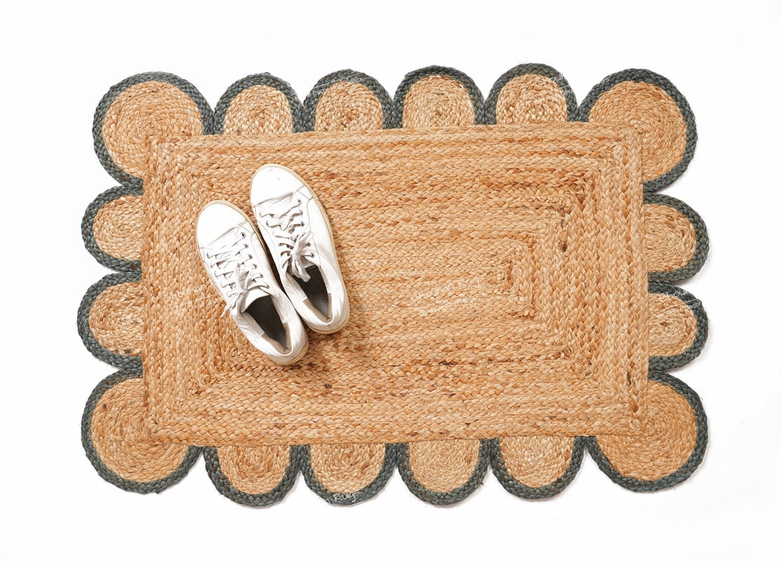Rectangle Rug Natural Jute Rug Hand Braided Beige and Gray Color Area Rug