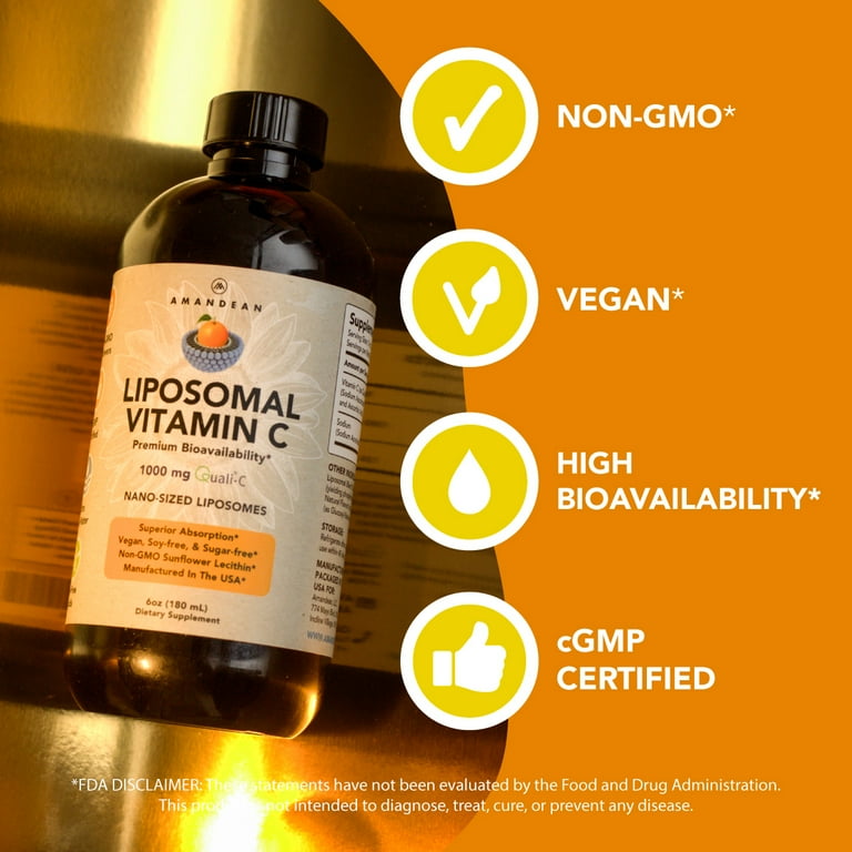 Amandean Liquid Liposomal Vitamin C 1000mg Supplement. Better than  capsules. Immune Support, Skin Health, Collagen Production. Fast  Antioxidant ...