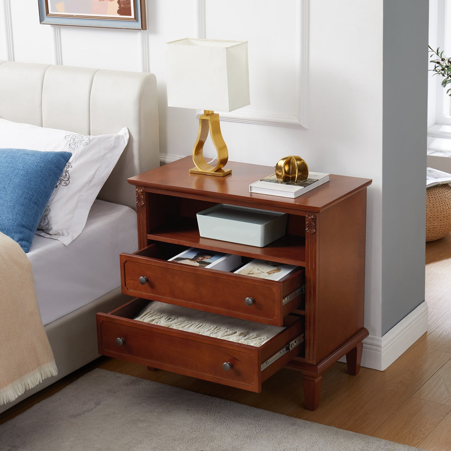 Nightstand with Charging Station, Farmhouse End Table with 2 Drawers and Open Shelf, USB Ports & Outlets, Fluted Design Bedside Table with Solid Wood Legs, Walnut