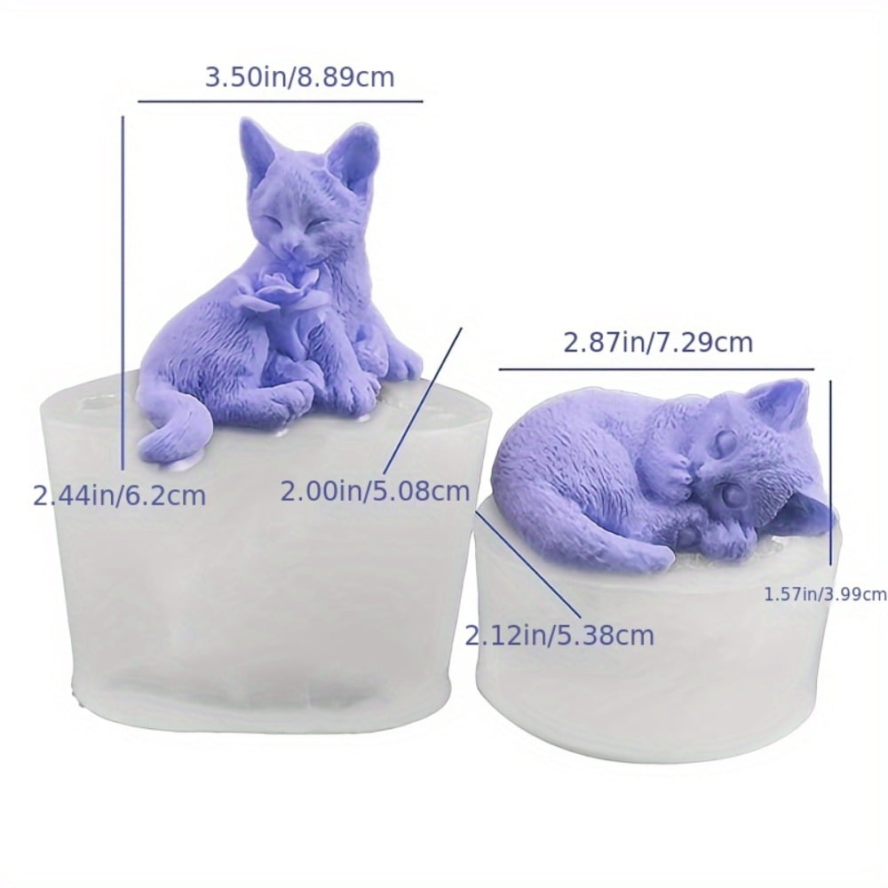 2 Sets of Silicone Cat Molds, 3D Sitting Rose Cat Mold, Side-lying Sleeping Cat Silicone Candle Mold, Cat Resin Candle Mold, Cute Animal Epoxy Resin Casting Plaster Mold, DIY Craft Gift Set