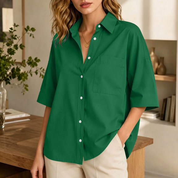 ClodeEU Women's Collar Short Sleeve Button Down Shirts,Casual Loose Fit Blouses ,Women's Plus L