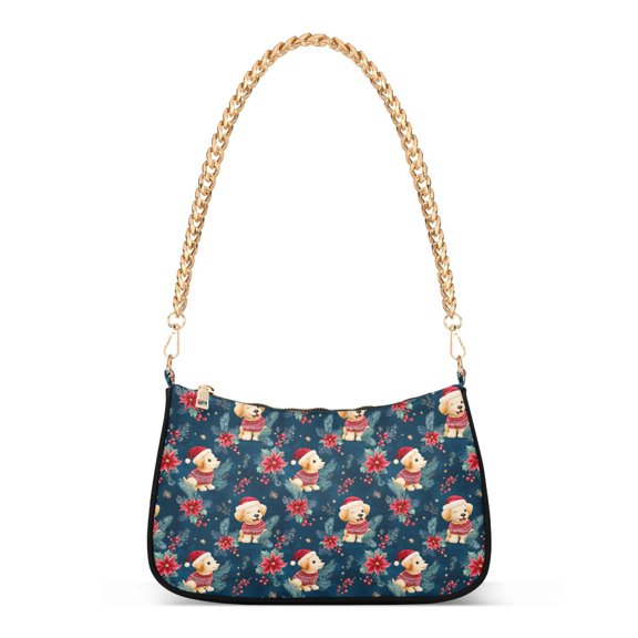 Print Tote Bag for Women Poinsettia Christmas Dog Pattern Shoulder Bag Shoulder Handbags Chain Strap