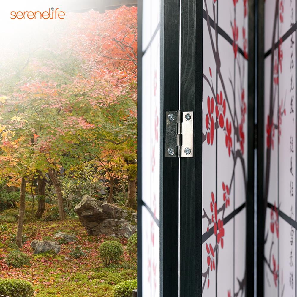 SereneLife Japanese Screen Room Divider Classic Indoor Decorative 4-Panel Separator, Plum Blossom