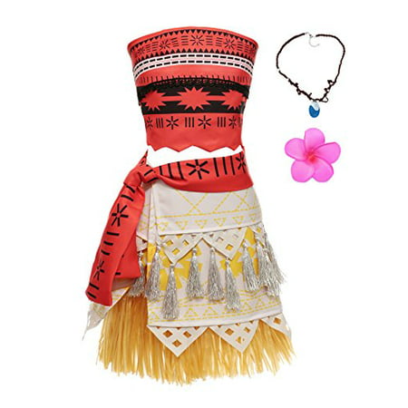 MUABABY Moana Adventure Natives Polynesian Princess Costume Dress Necklace for Kids (110) Red