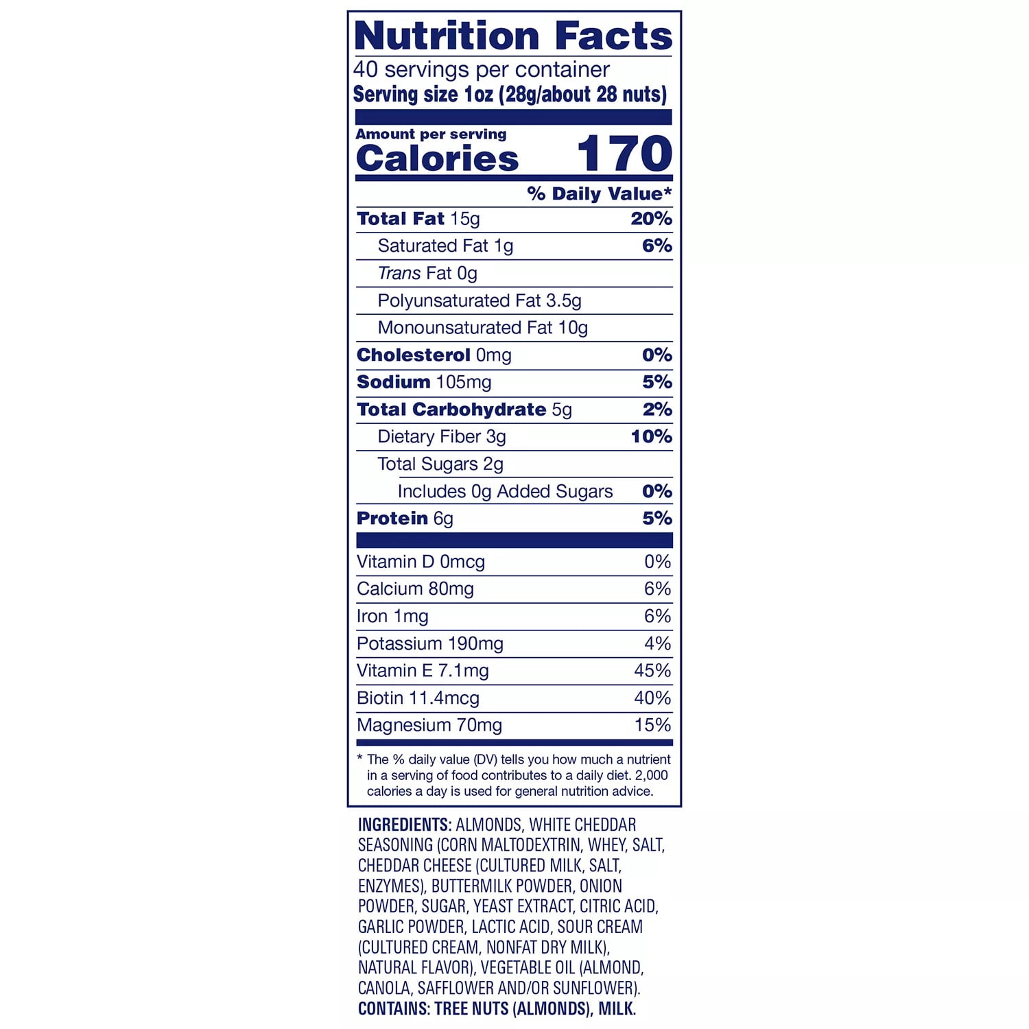 Blue Diamond Almonds White Cheddar Flavored Snack Almonds, 40 oz Resealable Bag