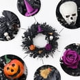 thumbnail image 4 of Halloween Artificial Black Foliage Wreath with Witch Hat, Spider, Skull, Pumpkin and Purple Rose | Spooky Halloween Wreath for Front Door Porch Wall Home Party Decor, 4 of 9