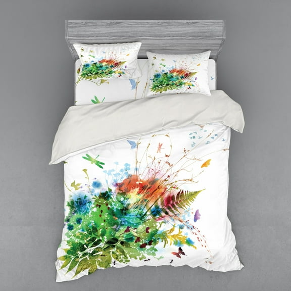 Ambesonne Watercolor Bedding Set 4 Pcs, Floral Jungle Summer, Queen, Multicolor