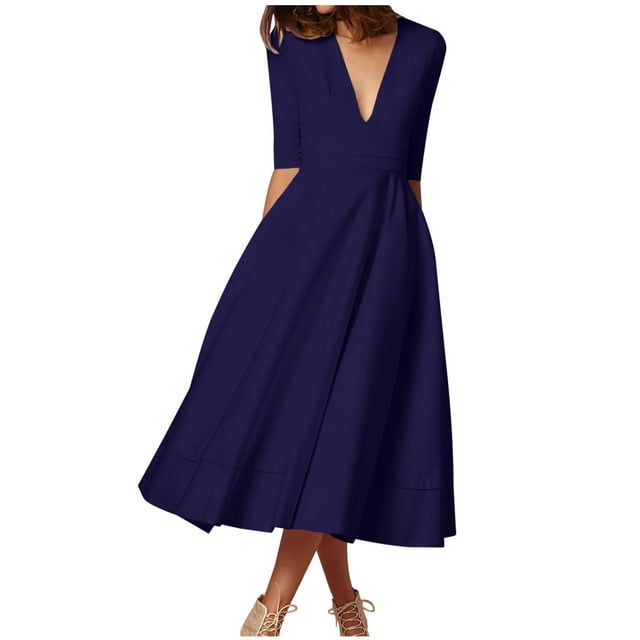 Meichang Robe Femme à Manches 3/4, Coupe Trapèze, Aguichant, Décolleté en V Profond, Robes Maxi avec Poches, Robe d'Été Évasée et Évasée, Douce et Extensible, Robe de Bal, de Soirée, de Fête