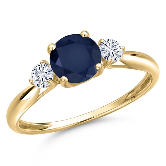 Gem Stone King 10K Yellow Gold Blue Sapphire and White Moissanite 3-Stone Ring for Women | 1.30 Cttw | Round 6MM | Gemstone September Birthstone | Size 9