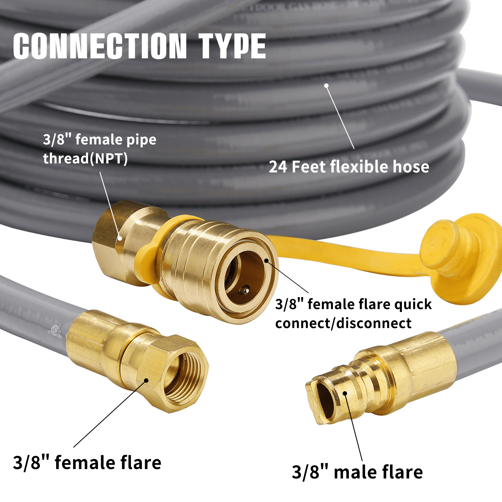 Roastove 24 Feet 3/8 Inch ID Natural Gas Hose with Quick Connect, Propane Gas Hose for Low Pressure Appliance,3/8 Female Pipe Thread x 3/8 Male Flare Quick Disconnect - CSA Certified