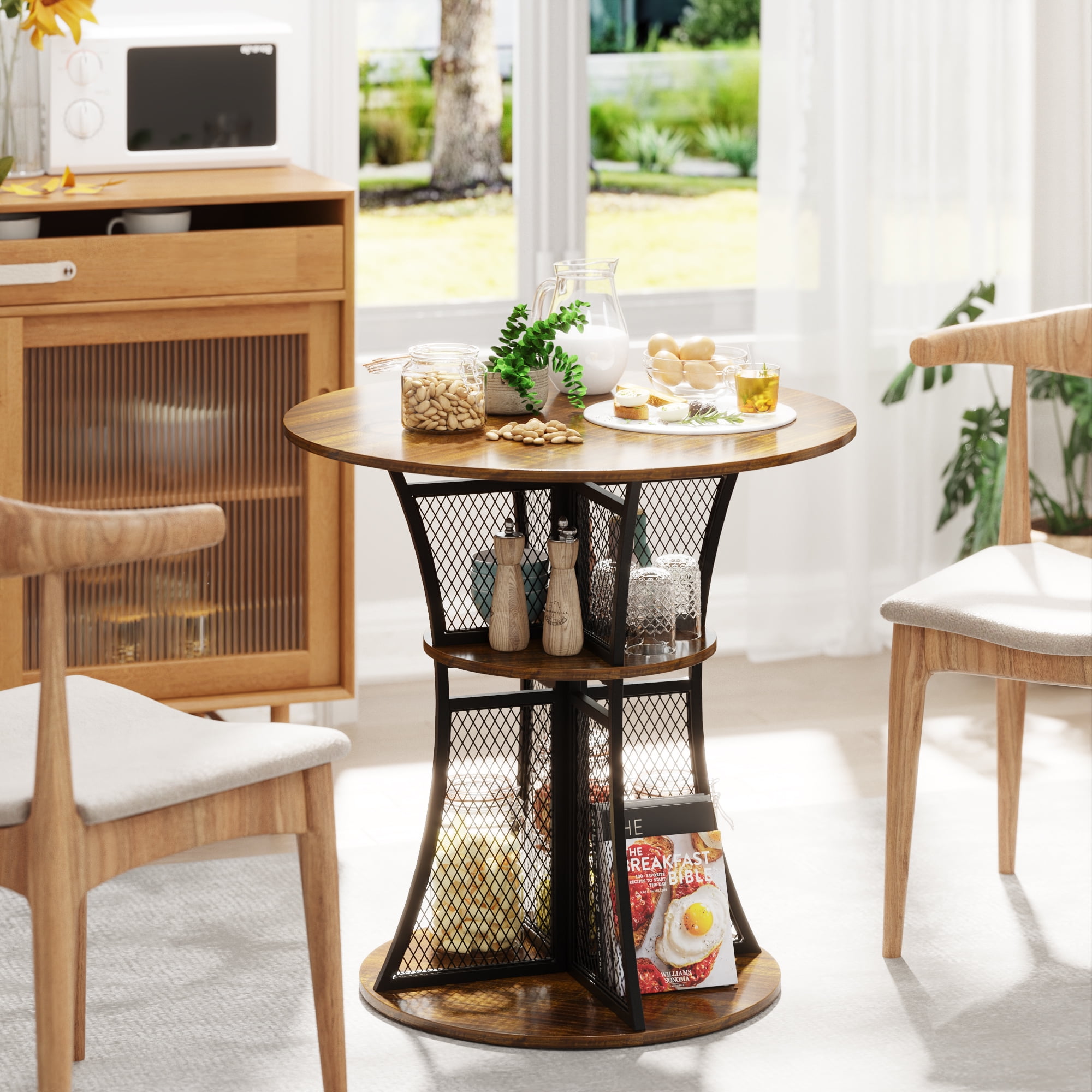 Yoneston 30-inch Round Bar Table, Wood Small Pub Table Metal Breakfast Nook Table with Storage Shelves for Dining Room Living Room Kitchen, Rustic Brown (Only Table)