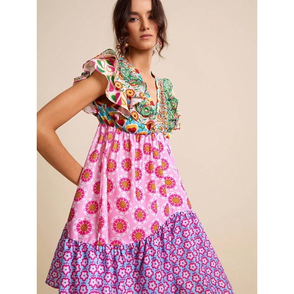 Multicolor Floral Patchwork V-Neck Ruffle Sleeve A-Line Short Dress For Women