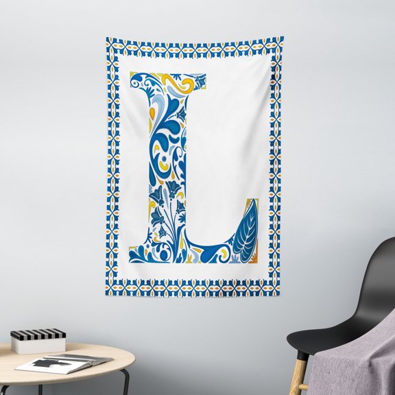 Letter L Tapestry, Capital L in Traditional Portuguese Art Abstract Patterned Font Design, Wall Hanging for Bedroom Living Room Dorm Decor, 40W X 60L Inches, Blue Yellow Orange, by Ambesonne