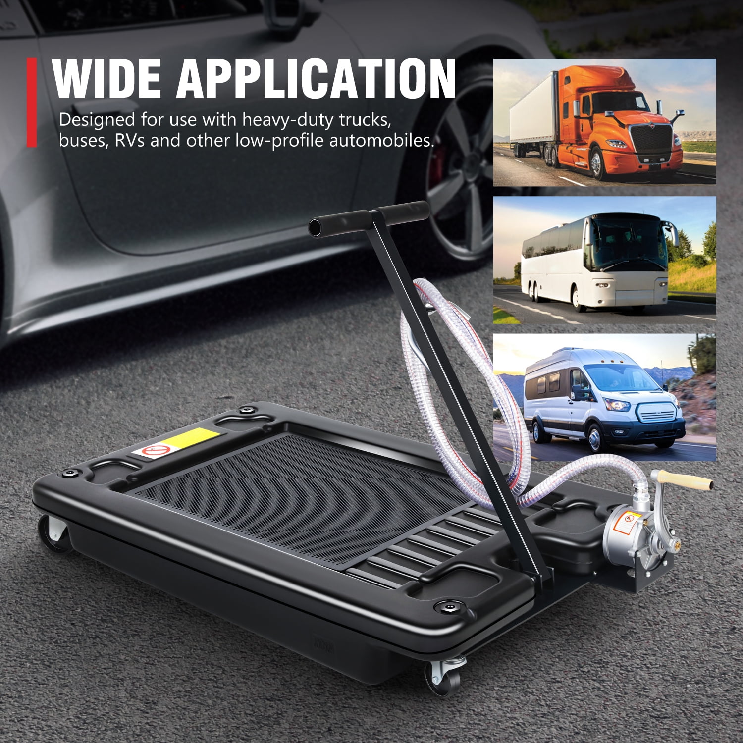 DNA Motoring TOOLS-00384 17 Gallon Portable Car Truck Low Profile Manual Pump Oil Drain Pan With Manual Pump & Wheels Black