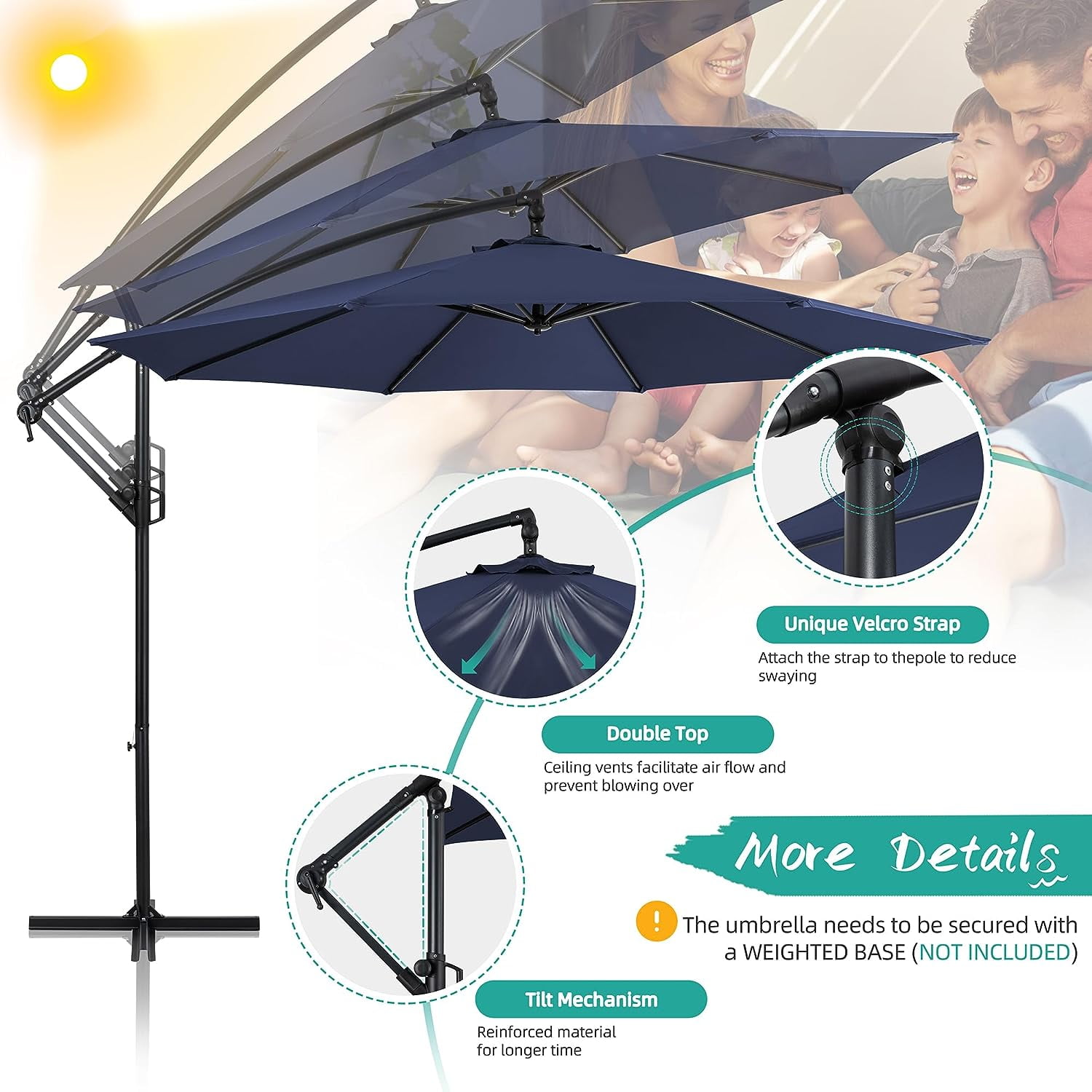 Sobaniilo Patio Offset Umbrella w/Easy Tilt Adjustment, Crank and Cross Base, Outdoor Cantilever Hanging Umbrella with 8 Ribs, 95% UV protection and Waterproof Canopy, Navy Blue